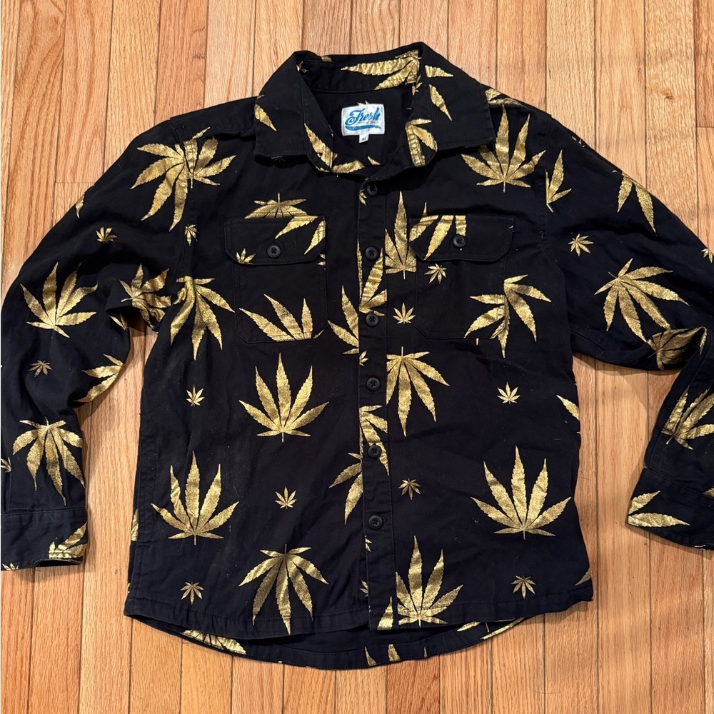 Black Shirt with Gold Metallic Weed Leaf Print Skater Dopamine Tropical